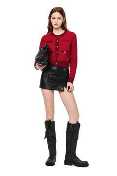 Red Metal Button Multi - pocket Knit Cardigan - ANN ANDELMAN