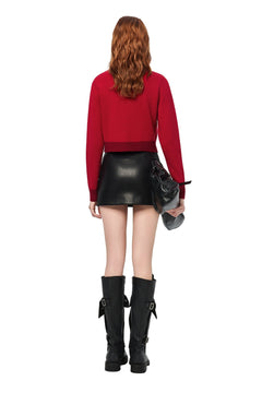 Red Metal Button Multi - pocket Knit Cardigan - ANN ANDELMAN