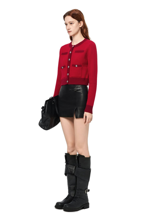 Red Metal Button Multi - pocket Knit Cardigan - ANN ANDELMAN