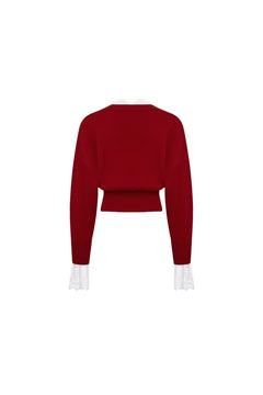 Red V - neck Lace Patchwork Waist Knitted Cardigan - ANN ANDELMAN