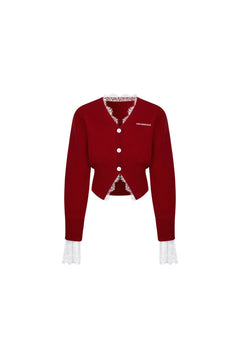 Red V - neck Lace Patchwork Waist Knitted Cardigan - ANN ANDELMAN