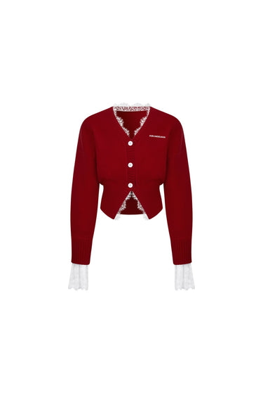 Red V - neck Lace Patchwork Waist Knitted Cardigan - ANN ANDELMAN