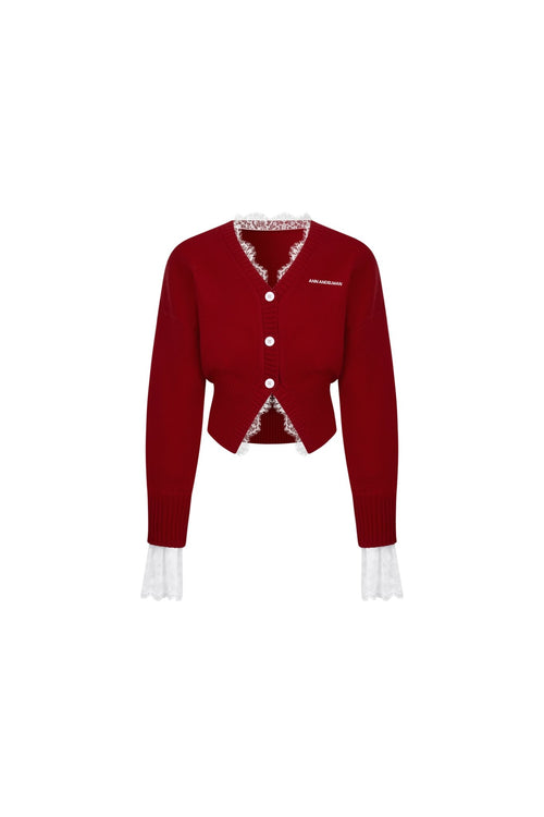 Red V - neck Lace Patchwork Waist Knitted Cardigan - ANN ANDELMAN