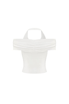 White Bow - tie Off - shoulder Halter Neck Knit Top - ANN ANDELMAN