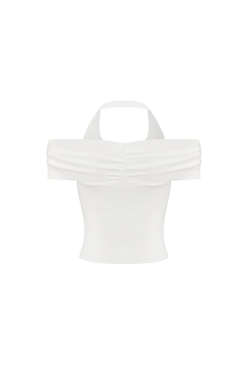 White Bow - tie Off - shoulder Halter Neck Knit Top - ANN ANDELMAN