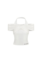 White Bow - tie Off - shoulder Halter Neck Knit Top - ANN ANDELMAN