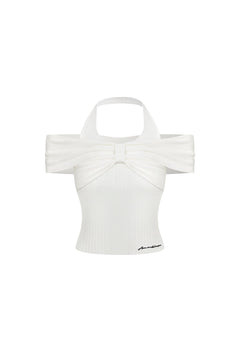White Bow - tie Off - shoulder Halter Neck Knit Top - ANN ANDELMAN