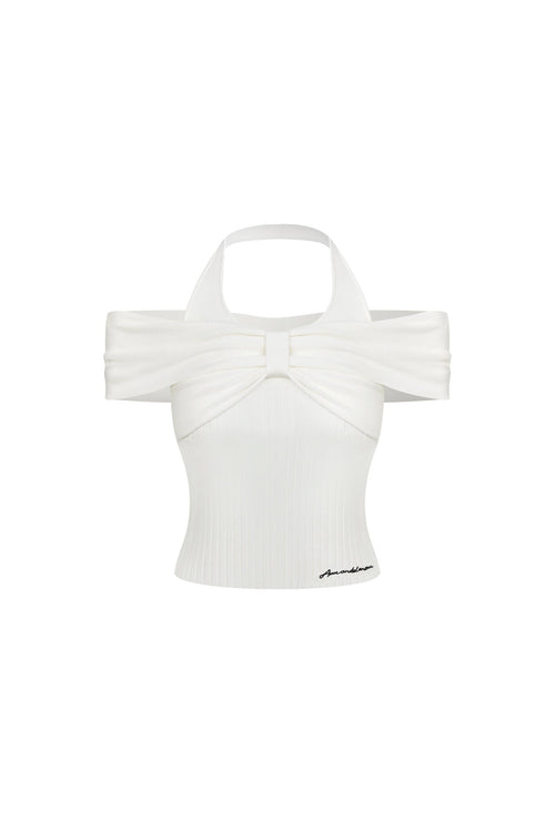 White Bow - tie Off - shoulder Halter Neck Knit Top - ANN ANDELMAN
