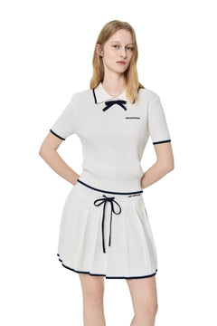 White Bow - tie POLO Short - sleeved Knit Top - ANN ANDELMAN