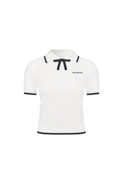 White Bow - tie POLO Short - sleeved Knit Top - ANN ANDELMAN