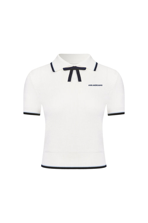 White Bow - tie POLO Short - sleeved Knit Top - ANN ANDELMAN