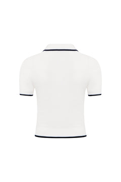 White Bow - tie POLO Short - sleeved Knit Top - ANN ANDELMAN