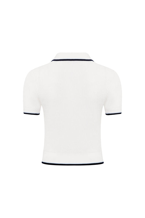 White Bow - tie POLO Short - sleeved Knit Top - ANN ANDELMAN
