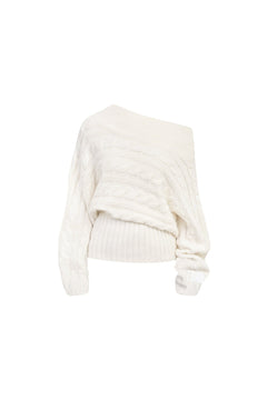 White Deconstructed Off - shoulder Cable Knit Sweater - ANN ANDELMAN