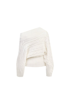 White Deconstructed Off - shoulder Cable Knit Sweater - ANN ANDELMAN