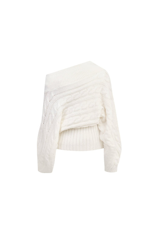 White Deconstructed Off - shoulder Cable Knit Sweater - ANN ANDELMAN