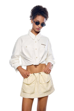White Denim Cross Front Shirt - ANN ANDELMAN