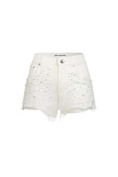 White Denim Shorts with Rhinestones and Pearls - ANN ANDELMAN