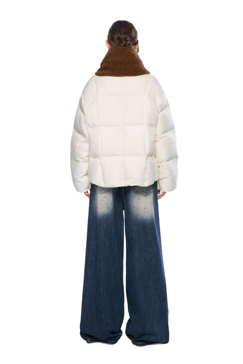 White Detachable Color - blocked Scarf Down Jacket - ANN ANDELMAN