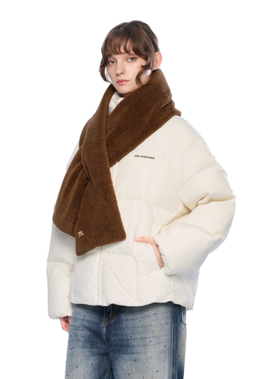 White Detachable Color - blocked Scarf Down Jacket - ANN ANDELMAN