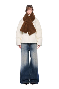 White Detachable Color - blocked Scarf Down Jacket - ANN ANDELMAN