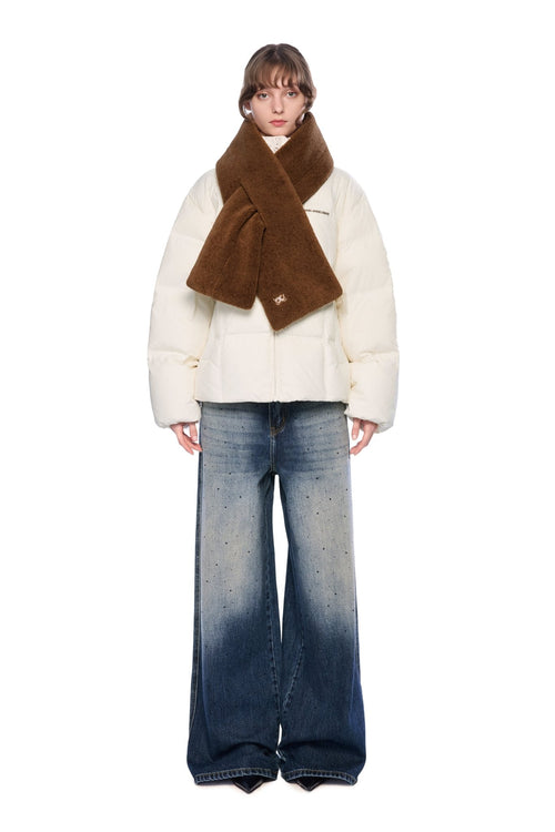 White Detachable Color - blocked Scarf Down Jacket - ANN ANDELMAN