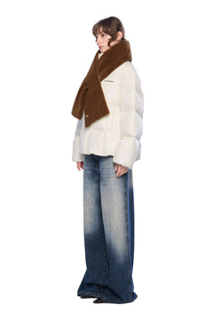 White Detachable Color - blocked Scarf Down Jacket - ANN ANDELMAN