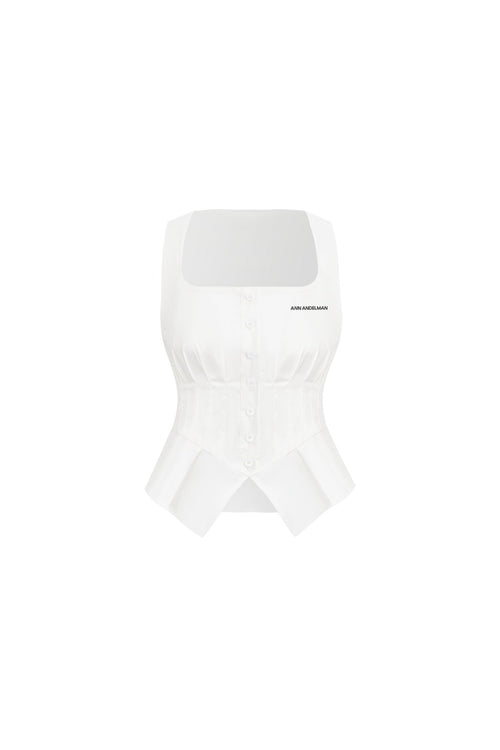 White Fitted Waist Open Collar Vest - ANN ANDELMAN