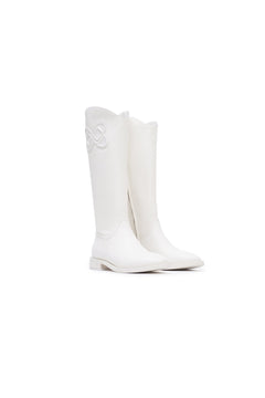 White Flat Leather Riding Boots - ANN ANDELMAN