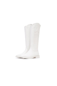 White Flat Leather Riding Boots - ANN ANDELMAN