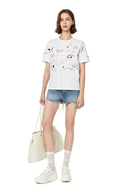 White Graffiti Heart Print T-Shirt - ANN ANDELMAN