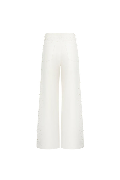 White Jeans with Pearl and Rhinestone Embellishments - ANN ANDELMAN