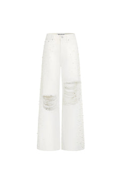 White Jeans with Pearl and Rhinestone Embellishments - ANN ANDELMAN