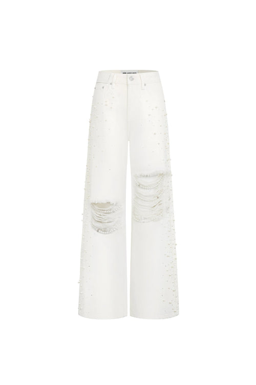 White Jeans with Pearl and Rhinestone Embellishments - ANN ANDELMAN