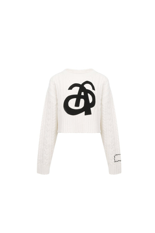 White Knit Long - sleeve Sweater with Logo - ANN ANDELMAN