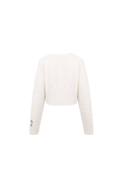 White Knit Long - sleeve Sweater with Logo - ANN ANDELMAN