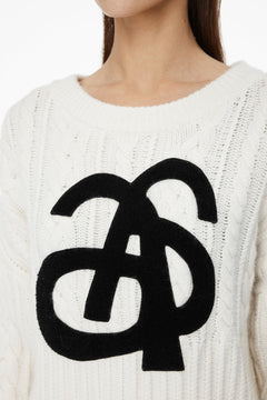 White Knit Long - sleeve Sweater with Logo - ANN ANDELMAN