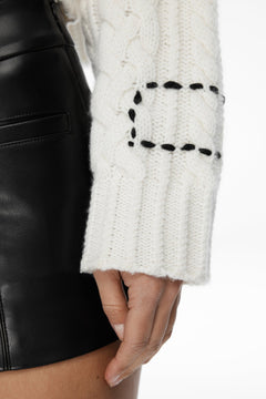 White Knit Long - sleeve Sweater with Logo - ANN ANDELMAN