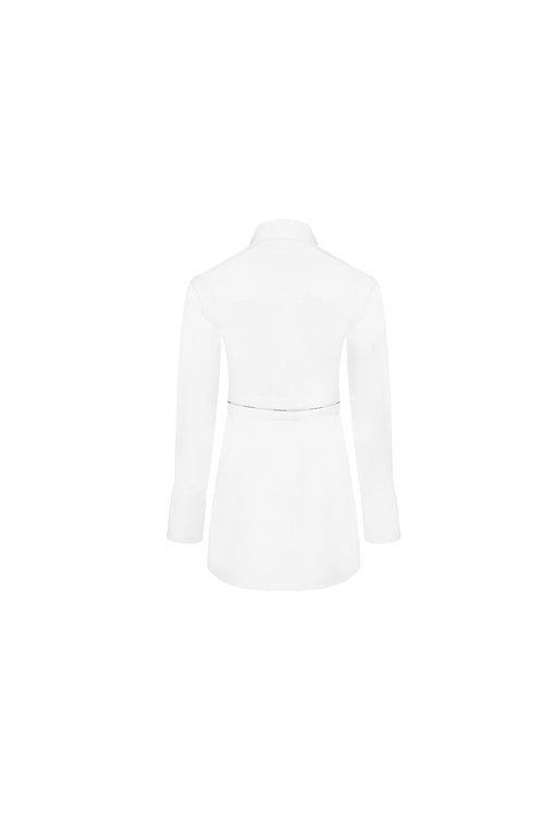 White Long-sleeved Shirt Dress with a Waist-cinching Webbing - ANN ANDELMAN