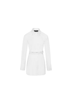 White Long-sleeved Shirt Dress with a Waist-cinching Webbing - ANN ANDELMAN