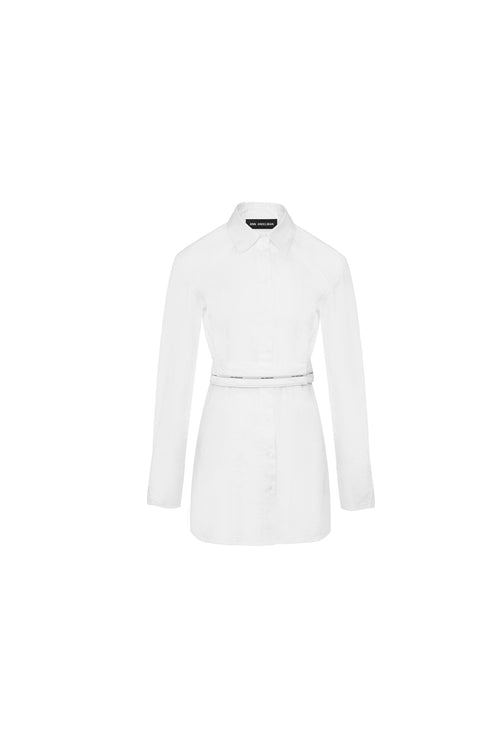 White Long-sleeved Shirt Dress with a Waist-cinching Webbing - ANN ANDELMAN