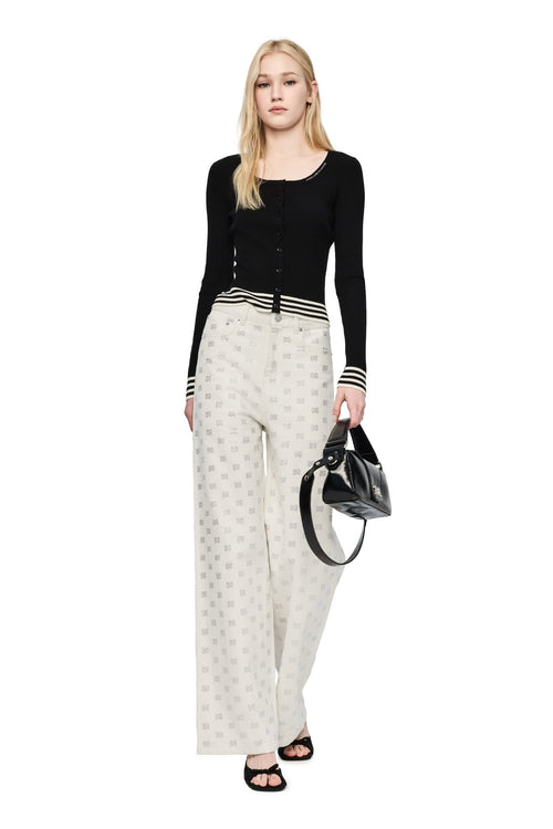 White Loose Straight - leg Full Rhinestone Logo Jeans - ANN ANDELMAN