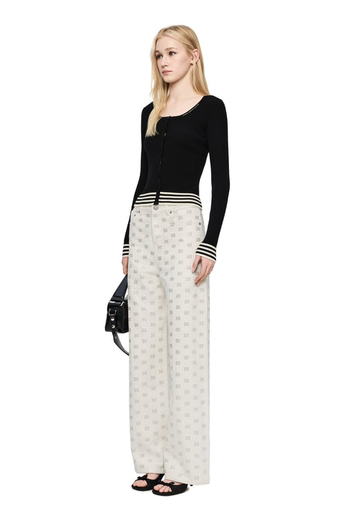 White Loose Straight - leg Full Rhinestone Logo Jeans - ANN ANDELMAN