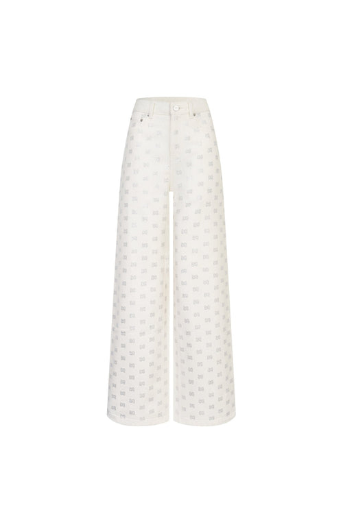 White Loose Straight - leg Full Rhinestone Logo Jeans - ANN ANDELMAN