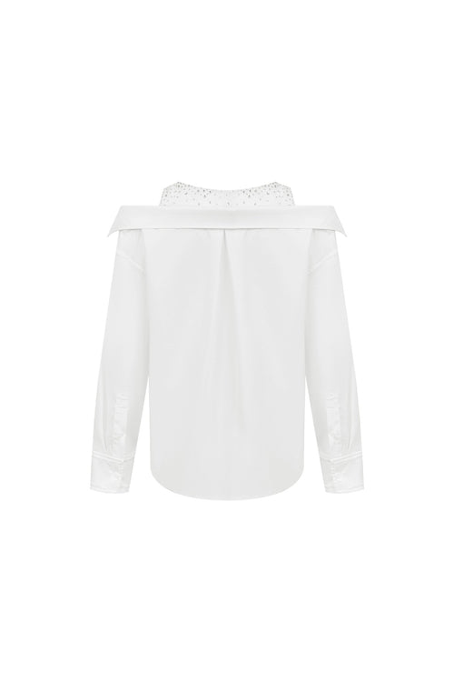 White Mesh Rhinestone - embellished Panel Shirt - ANN ANDELMAN
