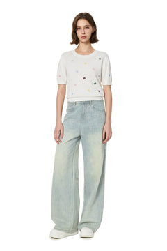 White Multicolored Embroidered Knit Short - Sleeve - ANN ANDELMAN