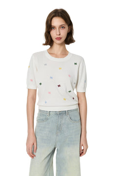 White Multicolored Embroidered Knit Short - Sleeve - ANN ANDELMAN