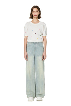 White Multicolored Embroidered Knit Short - Sleeve - ANN ANDELMAN