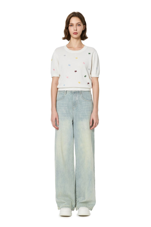 White Multicolored Embroidered Knit Short - Sleeve - ANN ANDELMAN