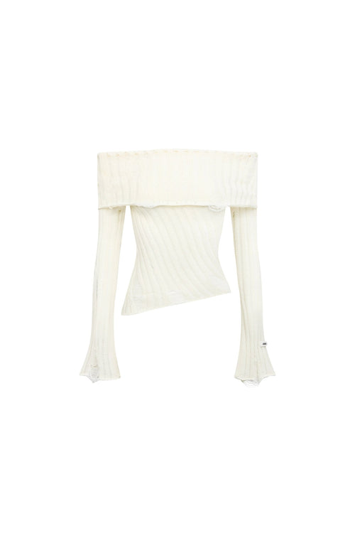 White Off - shoulder Knit Textured Long - sleeved Top - ANN ANDELMAN